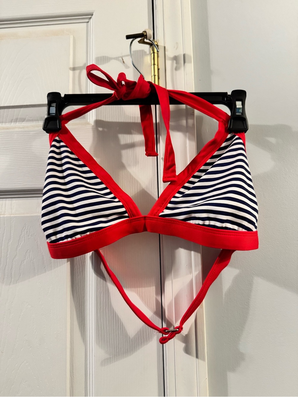 Striped Navy and White Triangle Bikini Top with Red Trim - Women's Swim